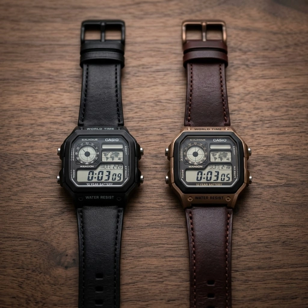 Casio Youth World Time Digital Men's Watch with Genuine Leather Band | AE-1200WHL-5AVDF