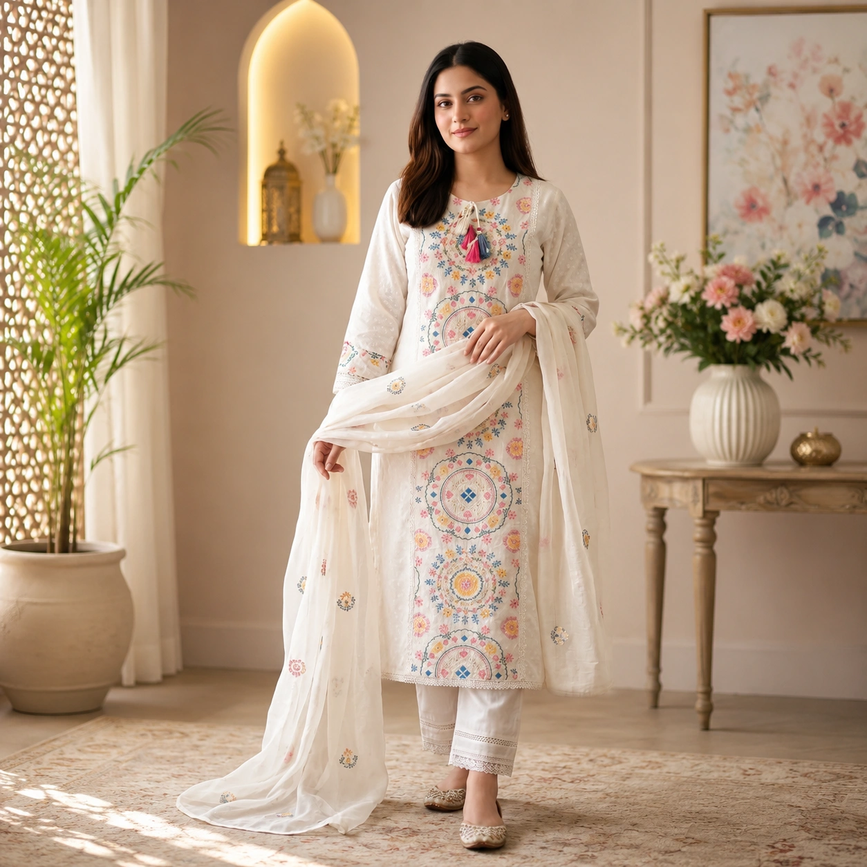 Embroidered & Sequined Cotton Three-Piece Set