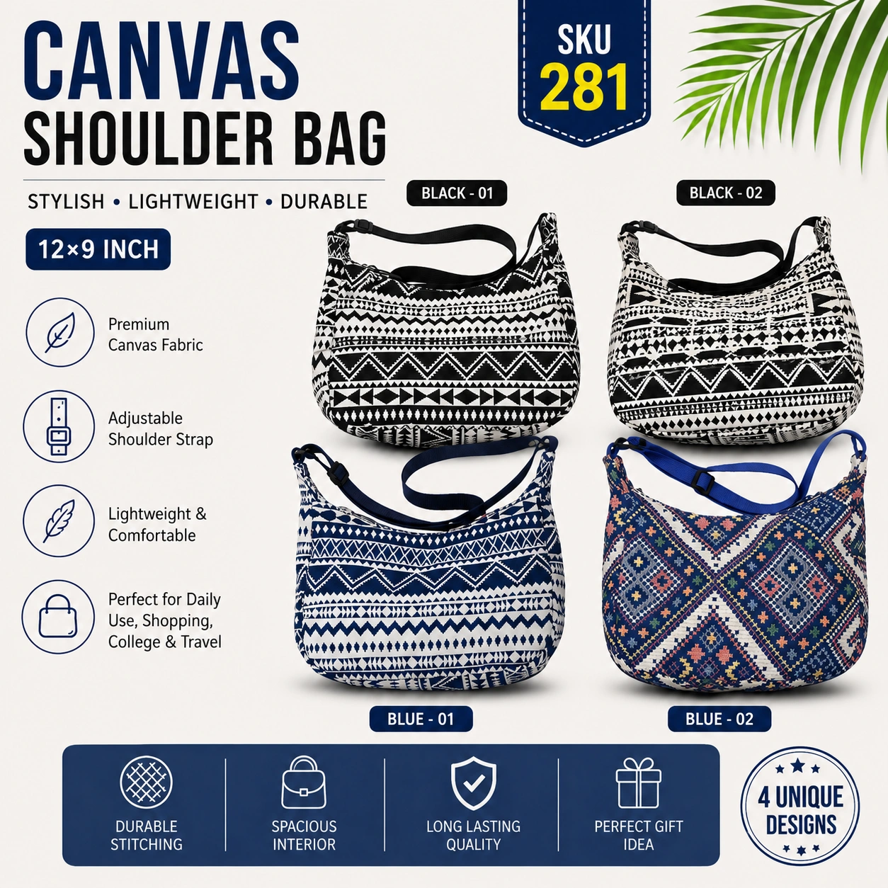 Stylish Printed Canvas Shoulder Bag for Women-4 Unique Designs
