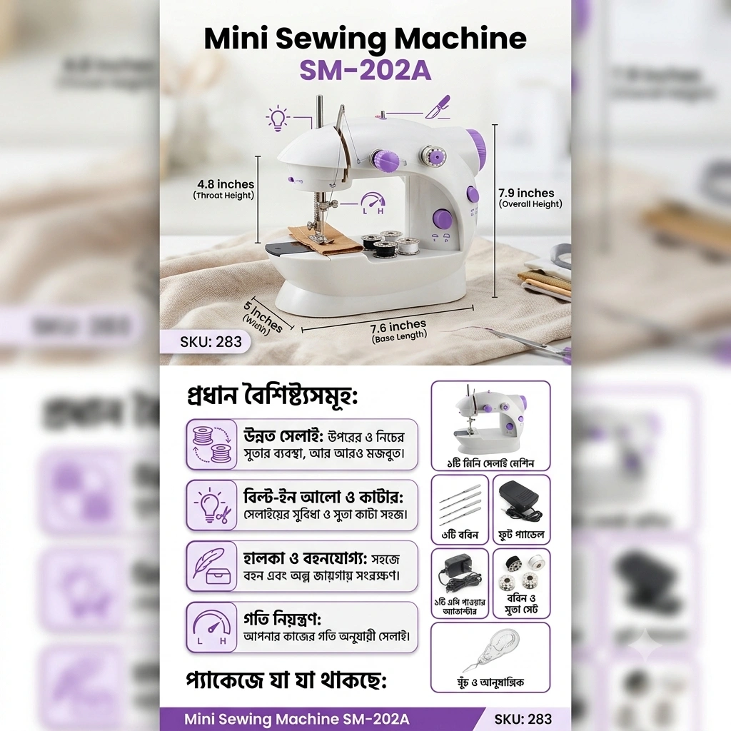 Mini Sewing Machine SM-202A with Foot Pedal & Adapter