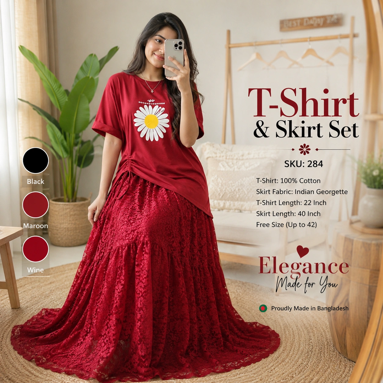 Premium Daisy Print T-Shirt and Indian Georgette Skirt Set for Women