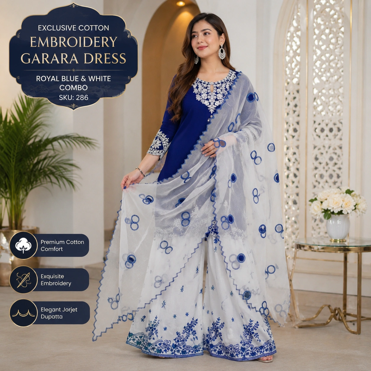 Exclusive Cotton Embroidery Garara Dress-Royal Blue & White Combo