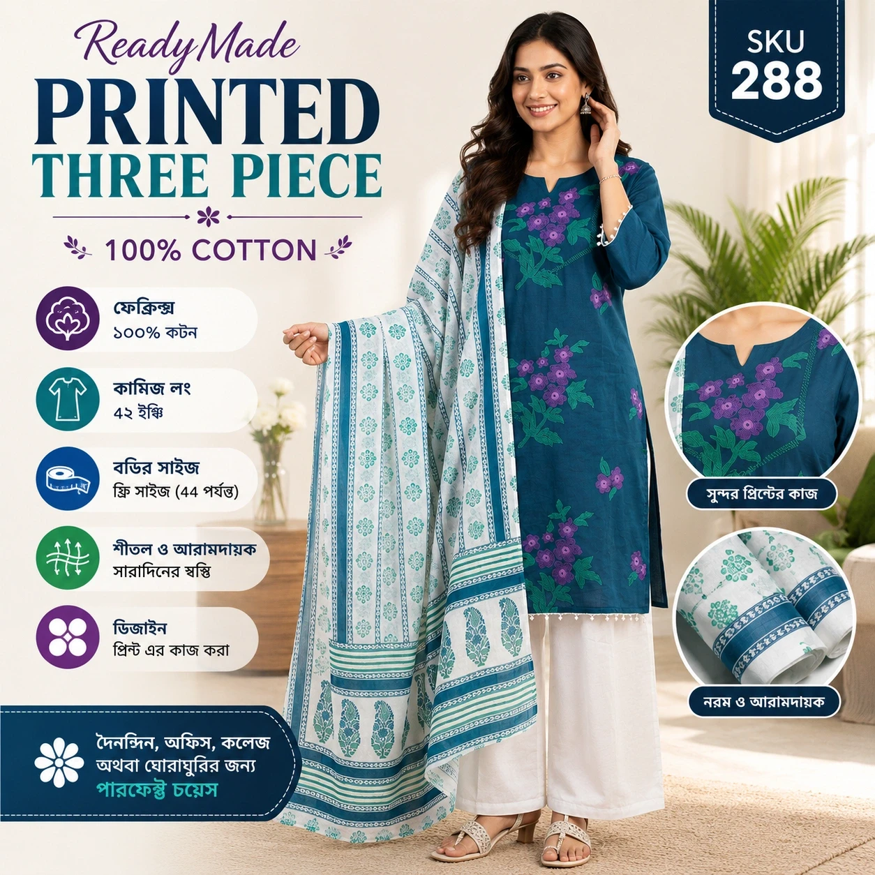 ReadyMade Printed Three Piece-100% Cotton