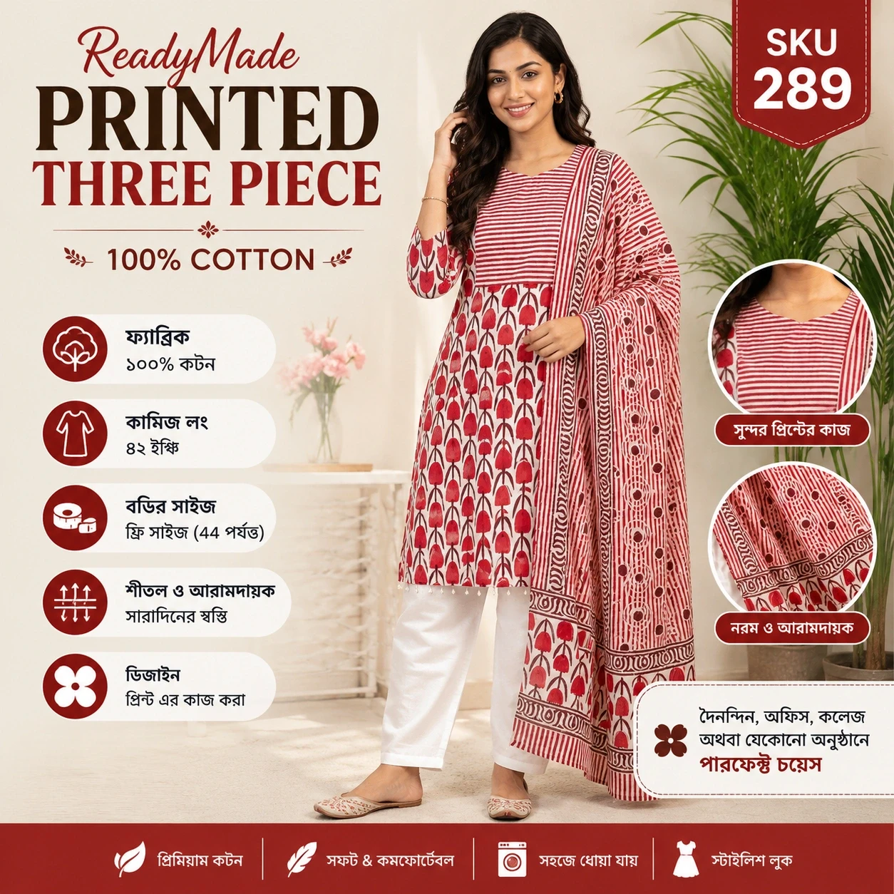 ReadyMade Printed Three Piece-Red Floral