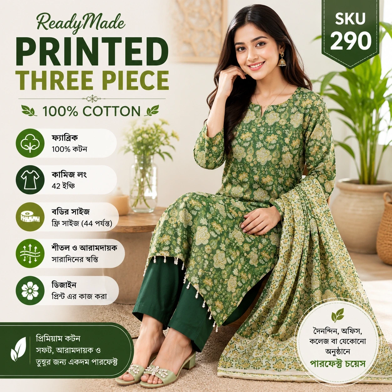 ReadyMade Printed Three Piece-Green Floral