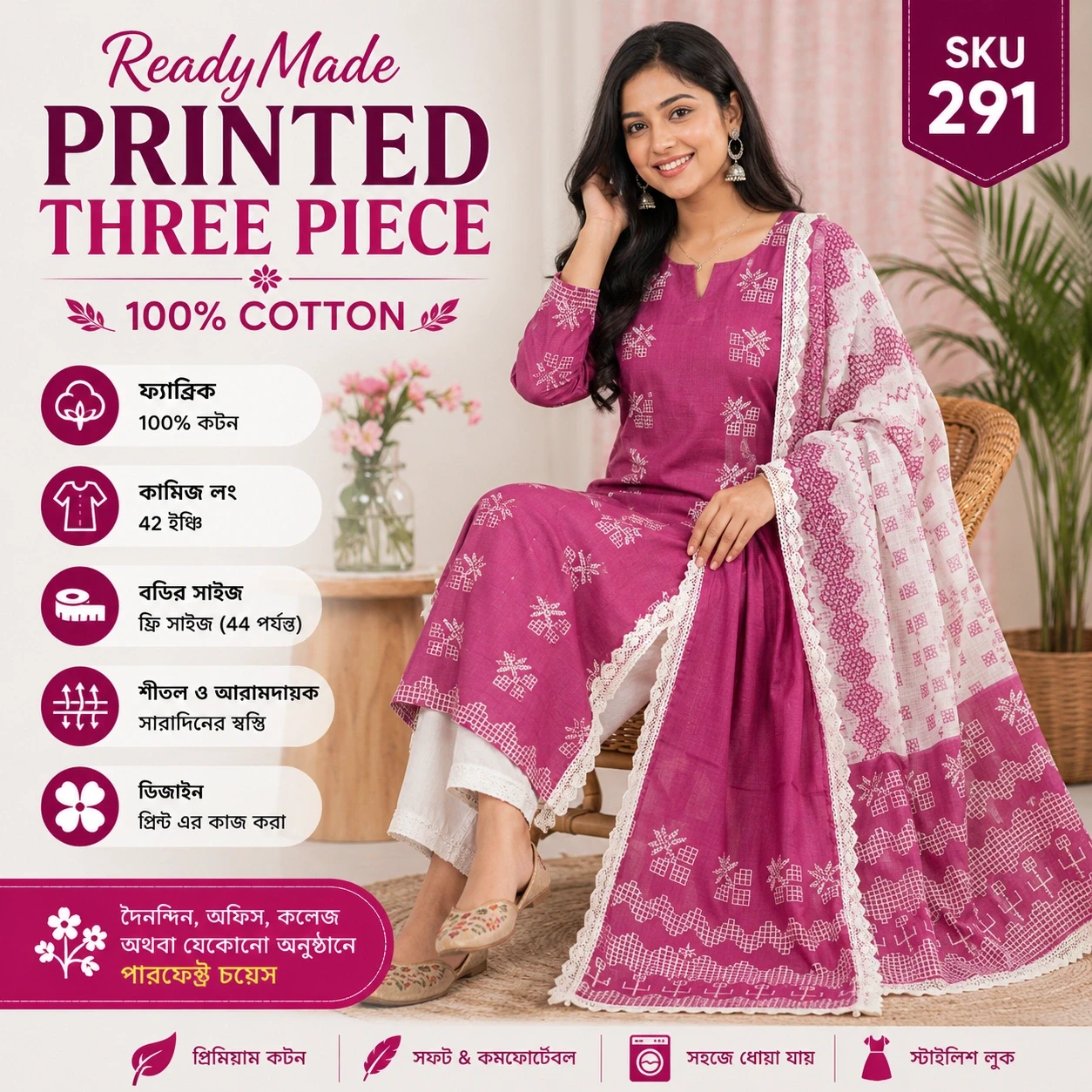 ReadyMade Printed Three Piece-Magenta