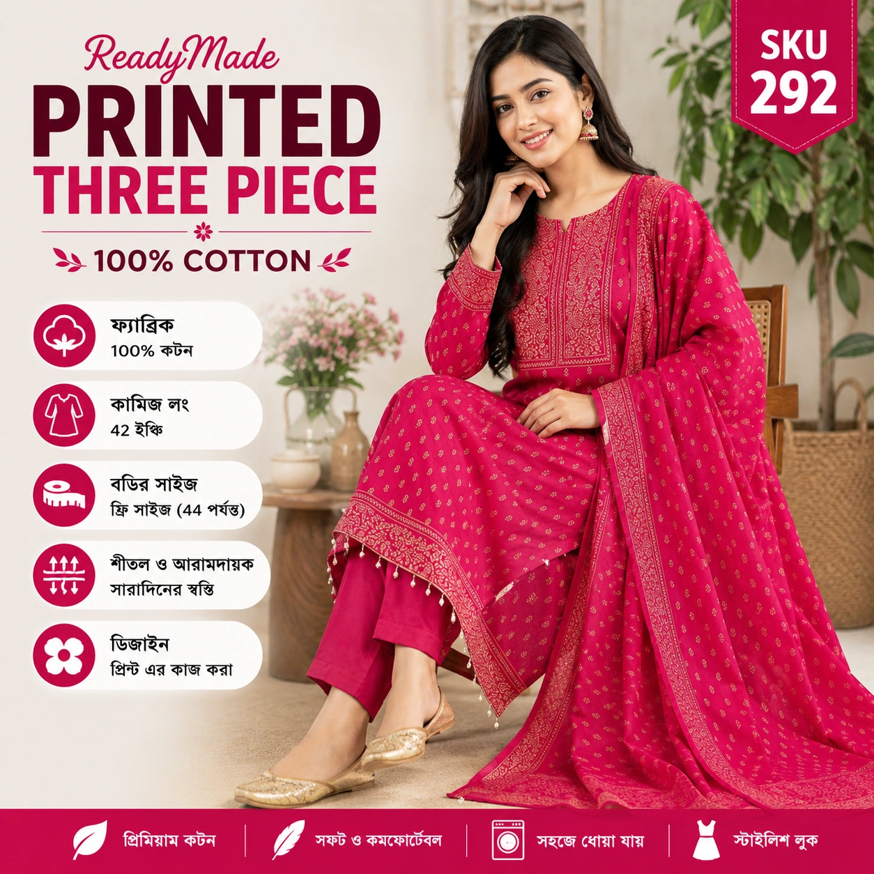 ReadyMade Printed Three Piece-Deep Pink