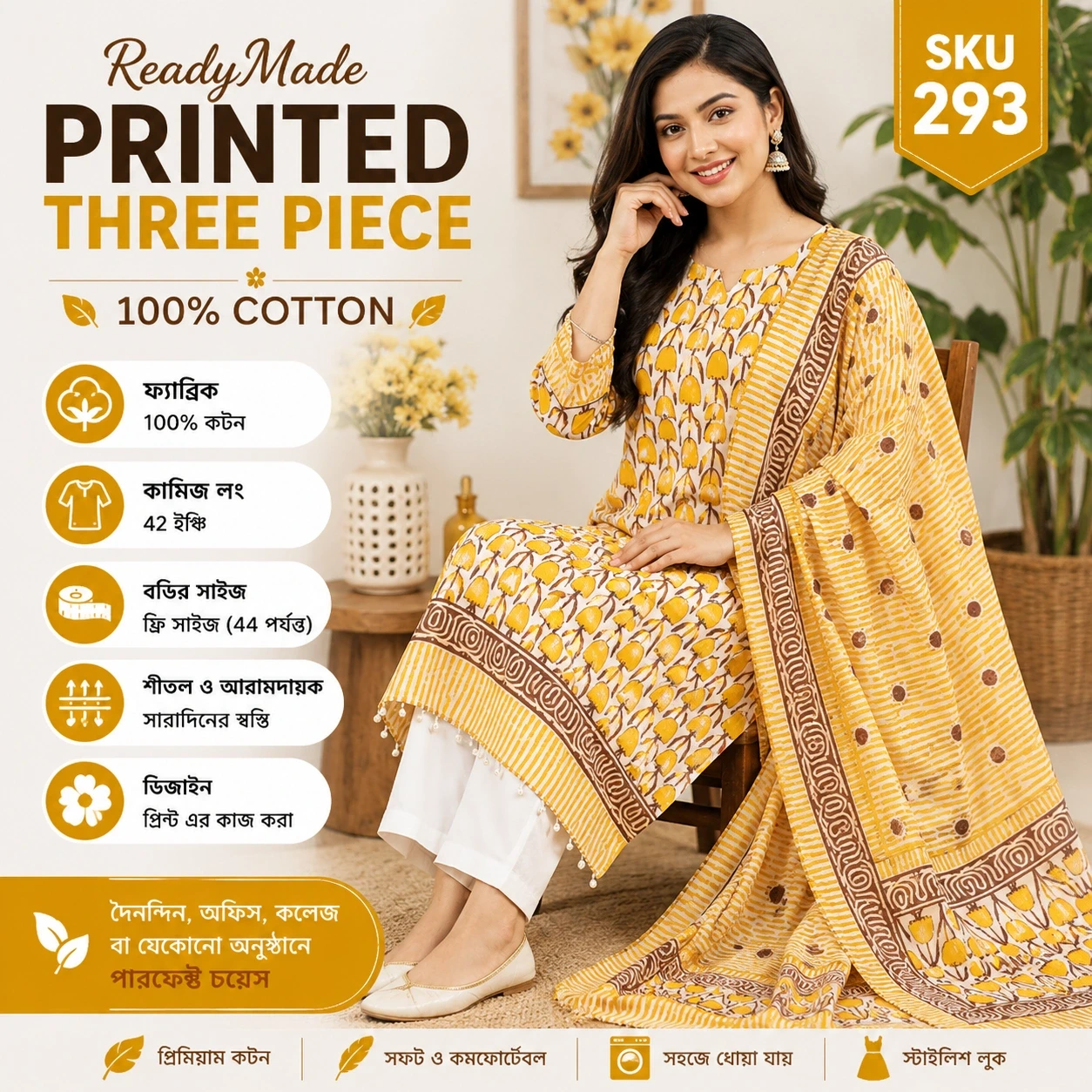 ReadyMade Printed Three Piece Mustard Yellow