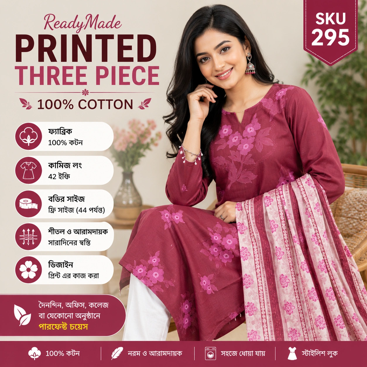 Elegant Maroon Printed Three Piece Cotton Dress for Women