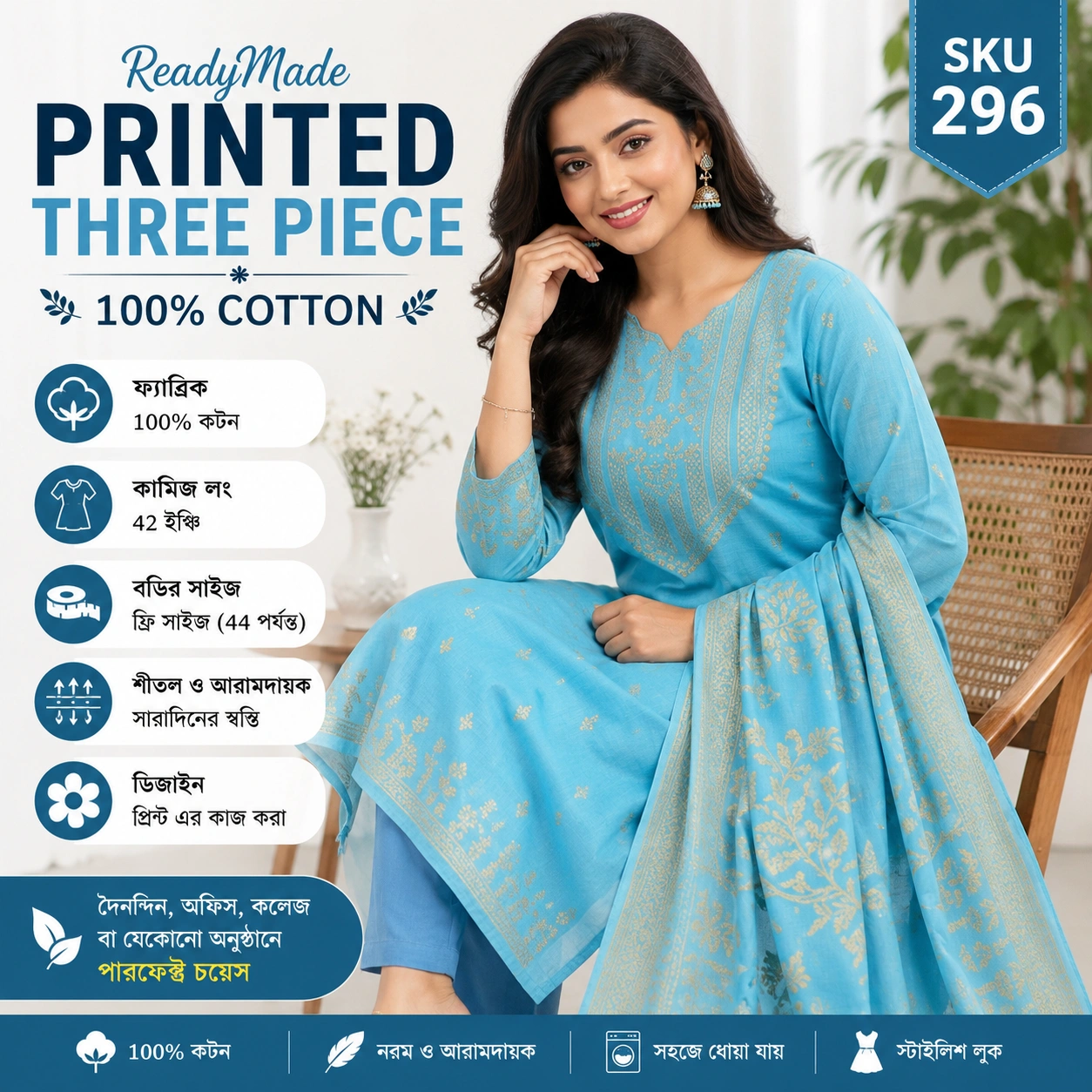 ReadyMade Printed Three Piece-Sky Blue Cotton Collection