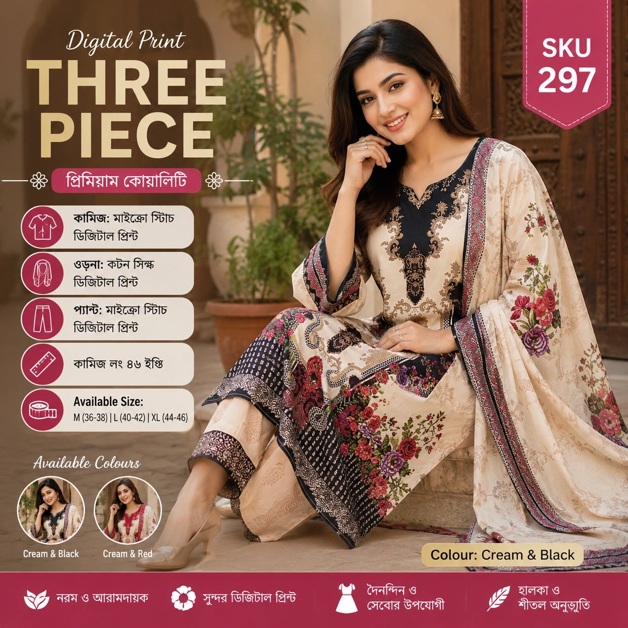 Digital Print Three Piece-Elegant Floral Dress Set