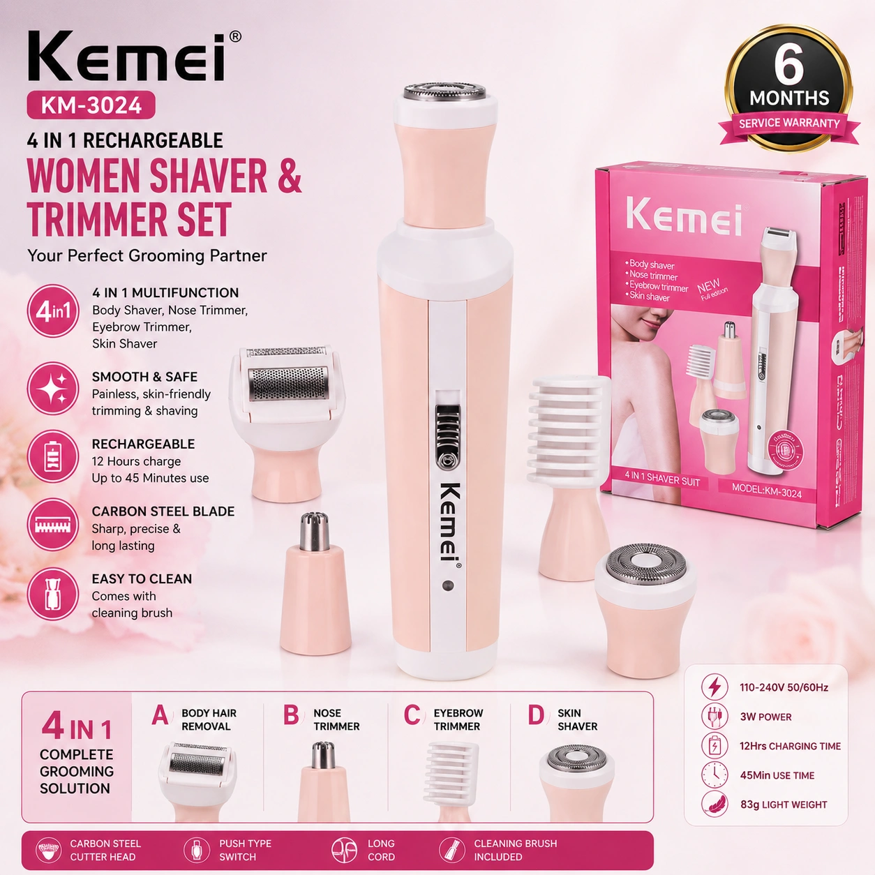 Kemei KM-3024 4 in 1 Rechargeable Women Shaver & Trimmer Set