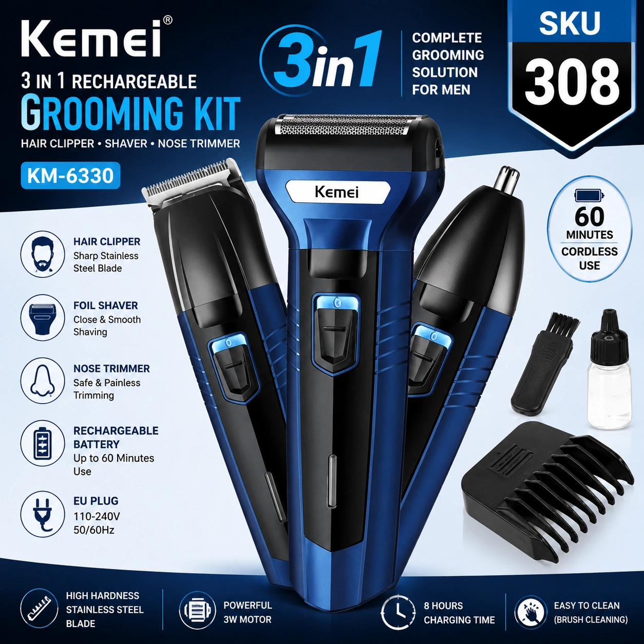Kemei KM-6330 3 In 1 Rechargeable Grooming Kit for Men