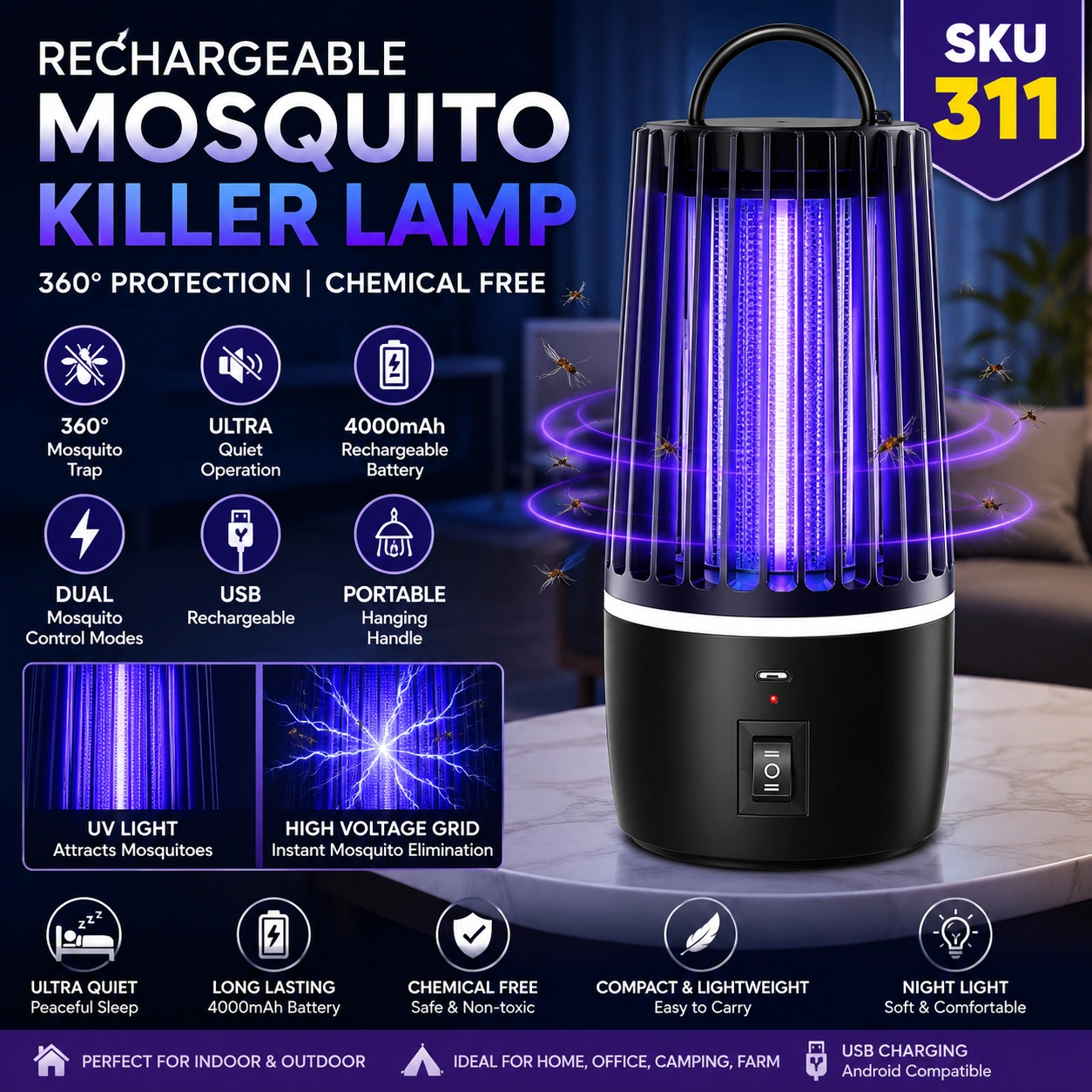 Rechargeable Mosquito Killer Lamp 4000mAh USB Electric Mosquito Trap