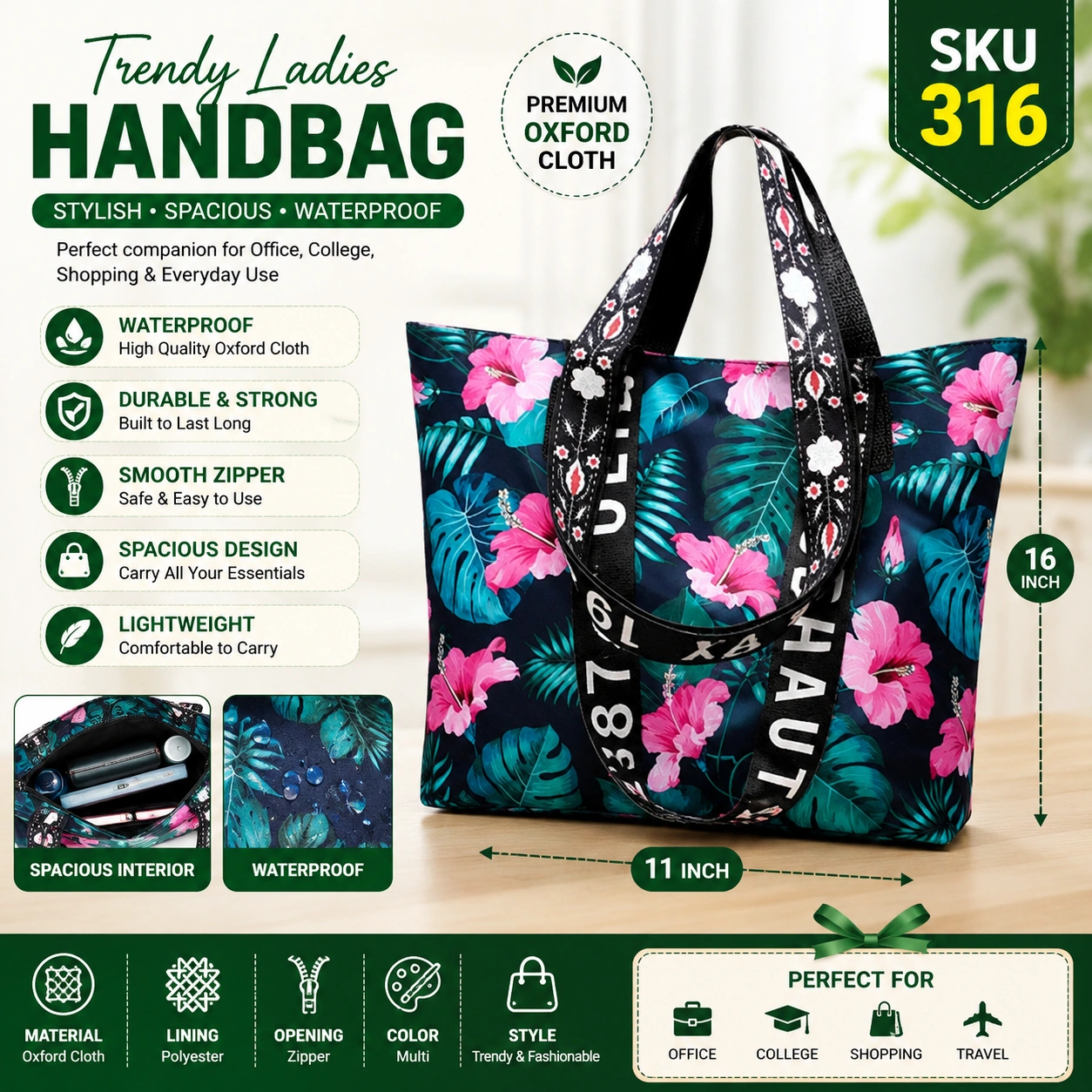 Trendy Ladies Waterproof Oxford Tote Handbag
