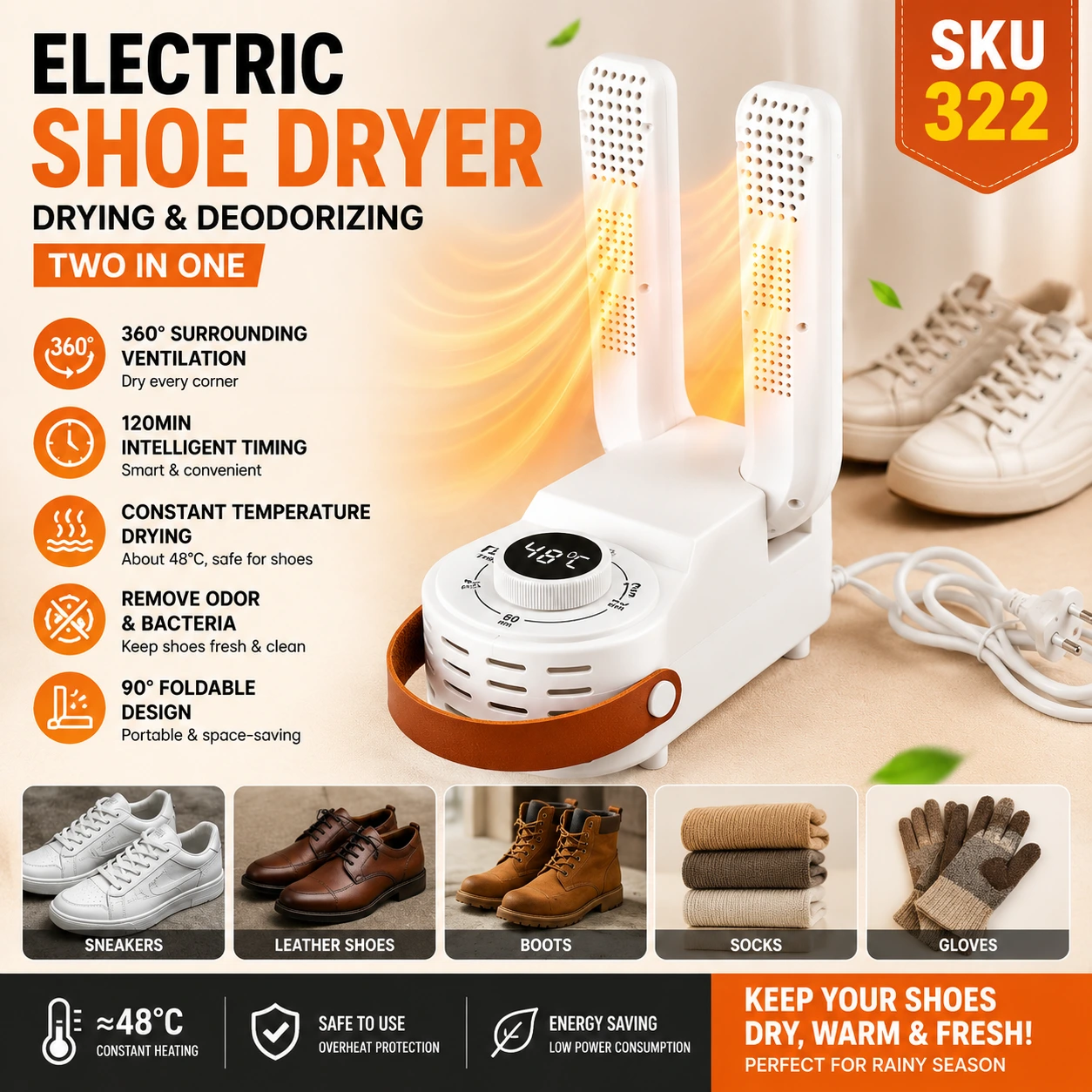 Portable Electric Shoe Dryer 220V-Foldable 360° Shoe Warmer