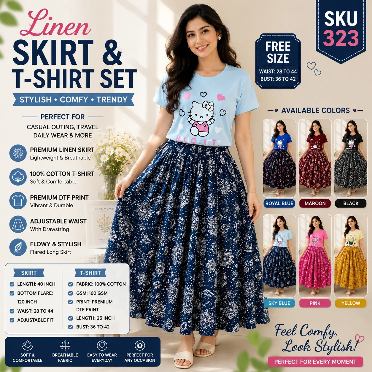 Linen Skirt & T-Shirt Set for Women
