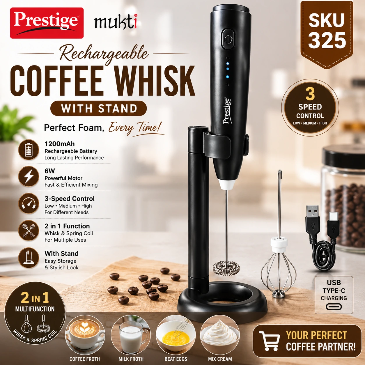 Prestige Rechargeable Coffee Whisk Mixer with Stand MC-D-311
