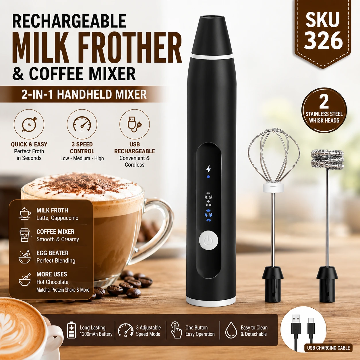 Rechargeable 2-in-1 Milk Frother & Coffee Mixer-3 Speed USB Handheld Whisk