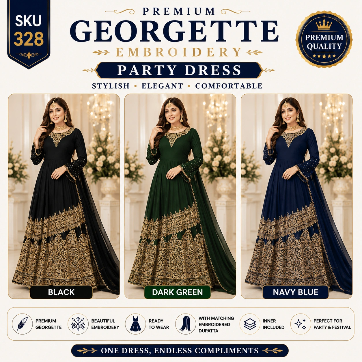 Ready-Made Georgette Embroidery Party Dress for Women
