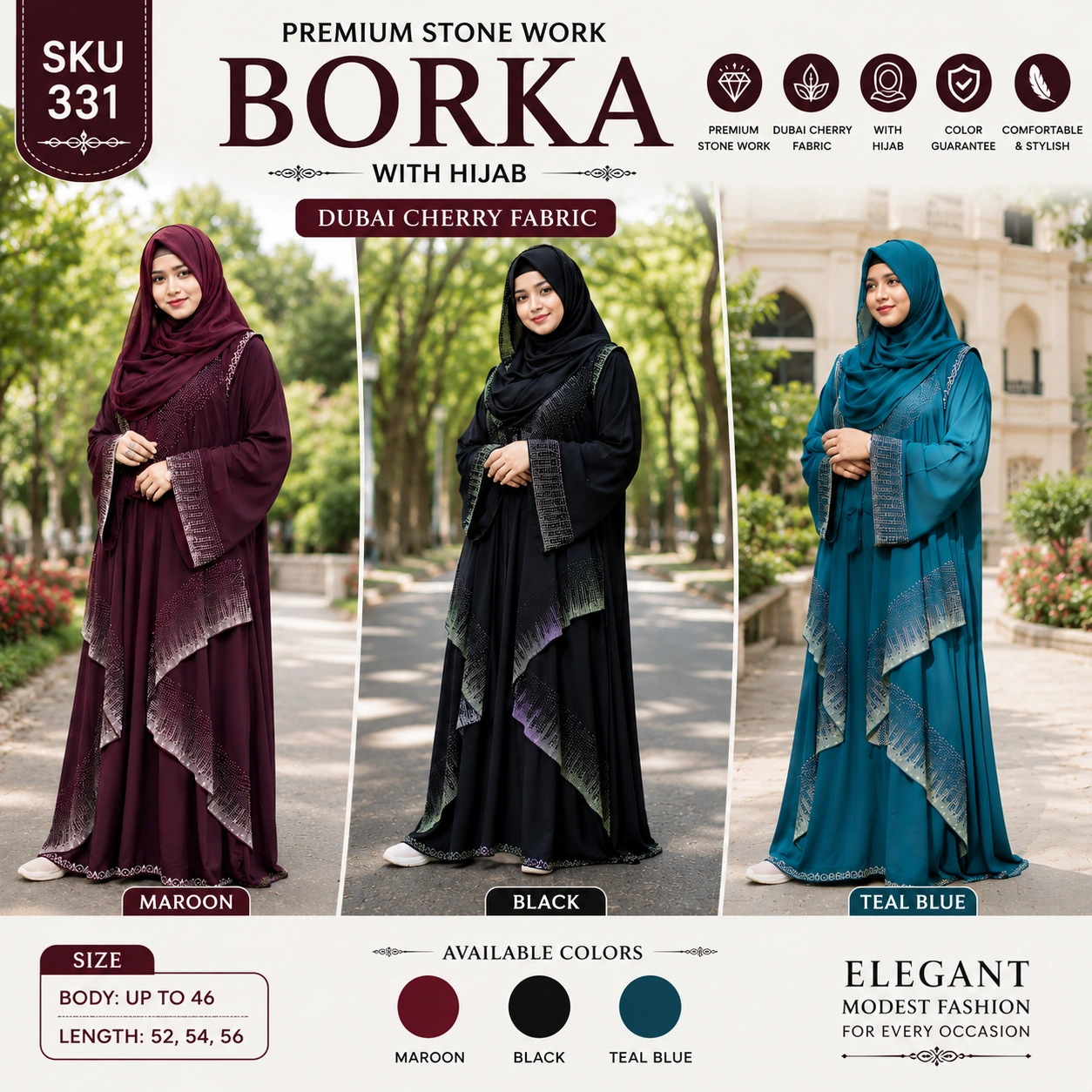 Premium Stone Work Borka with Hijab-Dubai Cherry Fabric
