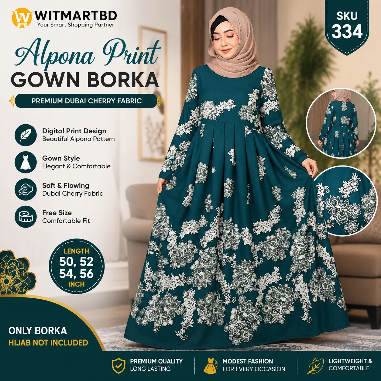 Alpona Print Gown Borka-Elegant Modest Fashion