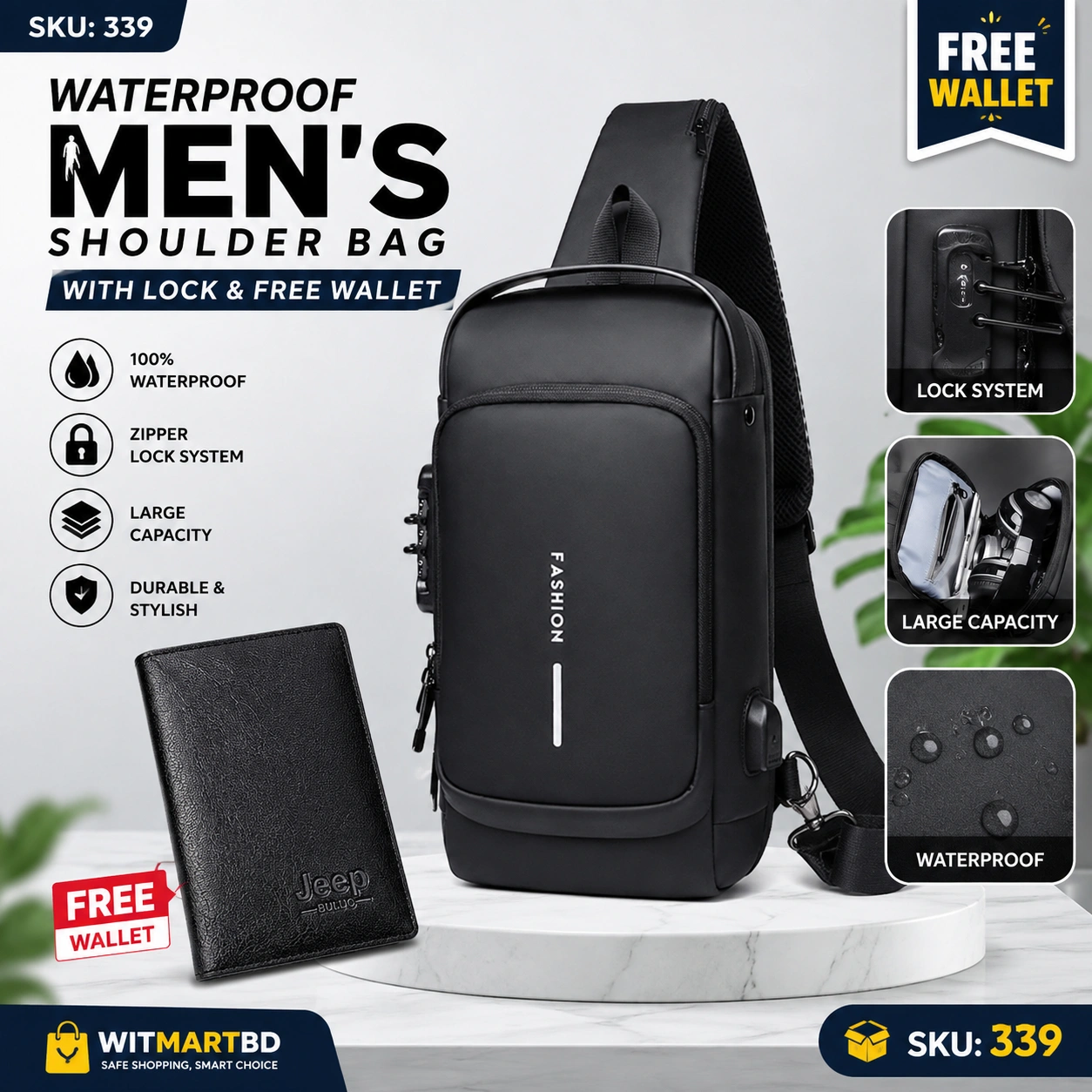 Waterproof Mens Shoulder Bag with Lock & Free Wallet-Black