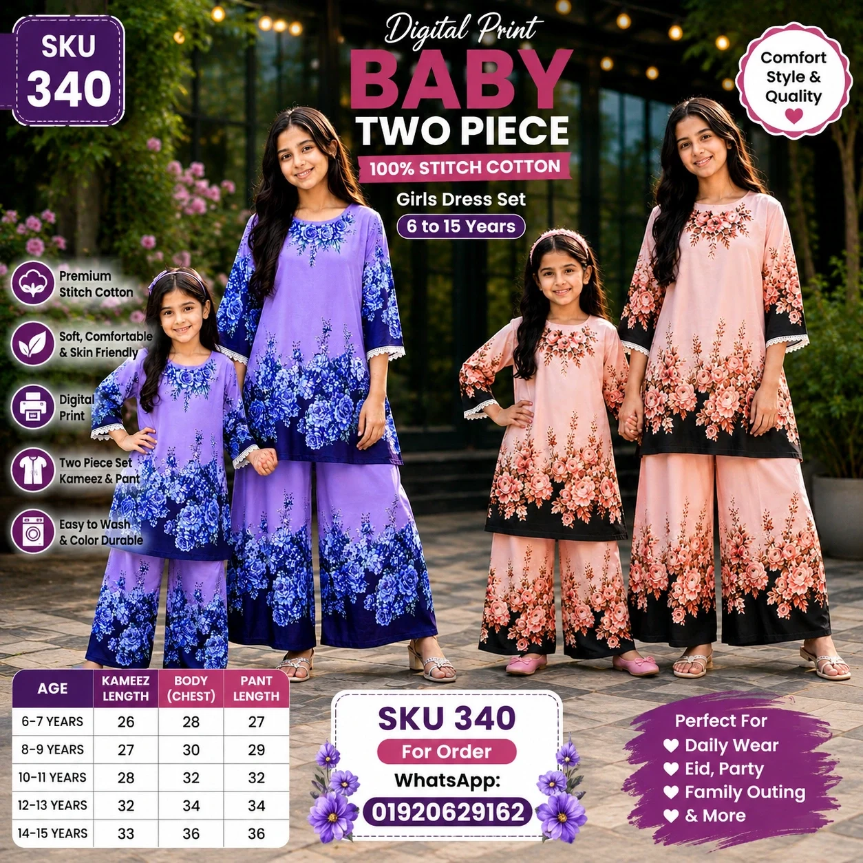 Baby Girls Digital Print Two Piece Stitch Cotton Dress 6 to 15 Years