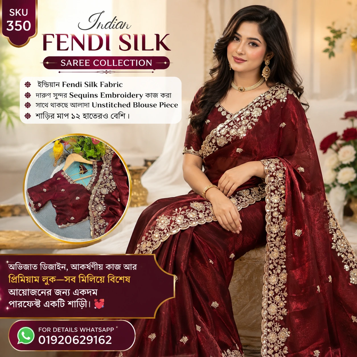 Premium Indian Fendi Silk Saree with Heavy Sequins Embroidery-Wine Red
