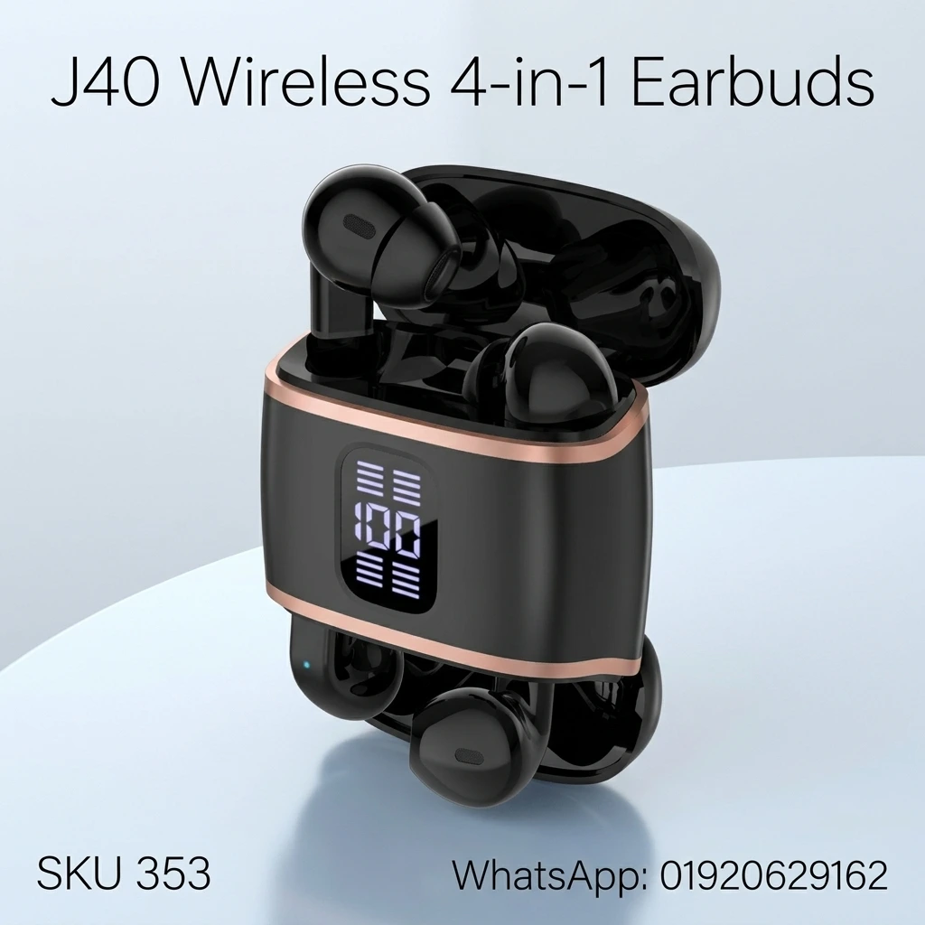 J40 4-in-1 Wireless Earbuds-Bluetooth 5.4, Dual Connectivity & LED Display